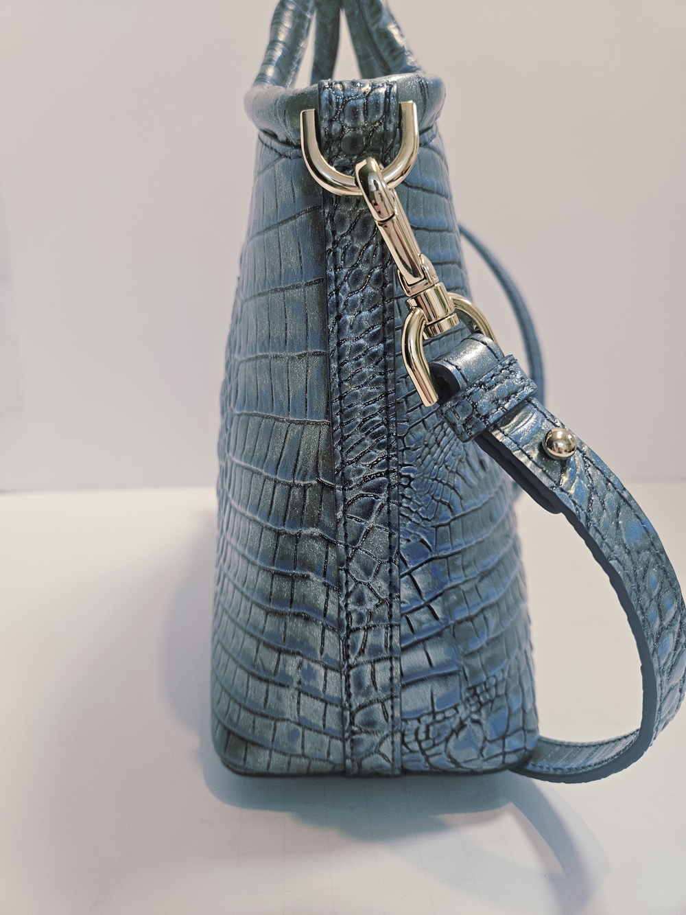 NWOT Brahmin Duxbury Satchel Blue Metallic Croc Embossed Leather Handbag + Strap - Picture 6 of 16